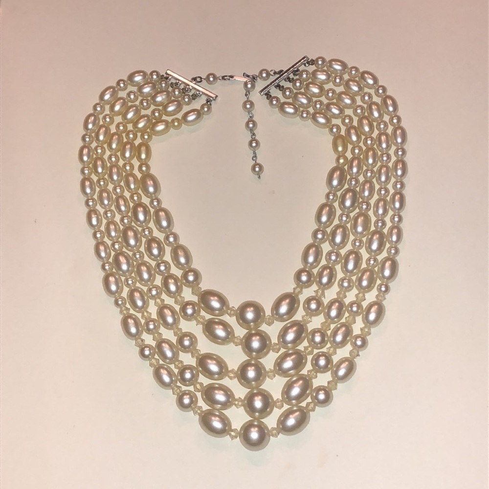 Vintage Multi-Strand Faux Pearl and Crystal Statement Necklace